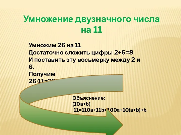 Умножим 26 на 11 Достаточно сложить цифры 2+6=8 И поставить эту восьмерку между