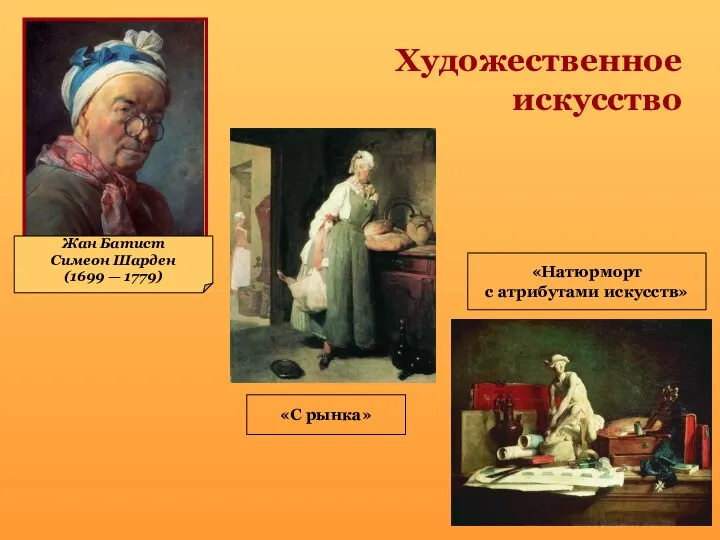 Жан Батист Симеон Шарден (1699 — 1779) Художественное искусство «С рынка» «Натюрморт с атрибутами искусств»