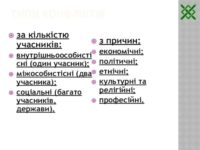 ТИПИ КОНФЛІКТІВ за кількістю учасників: внутрішньоособистісні (один учасник); міжособистісні (два