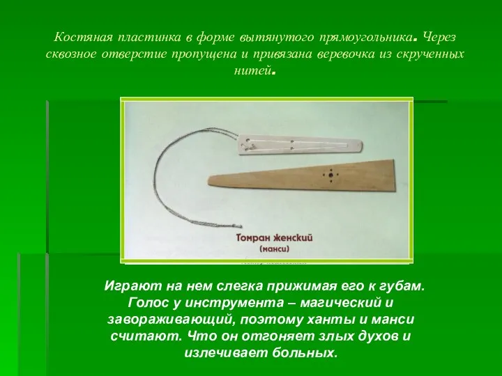 Костяная пластинка в форме вытянутого прямоугольника. Через сквозное отверстие пропущена