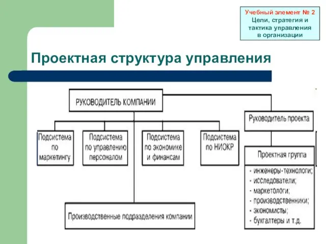 Проектная структура управления Учебный элемент № 2 Цели, стратегия и тактика управления в организации