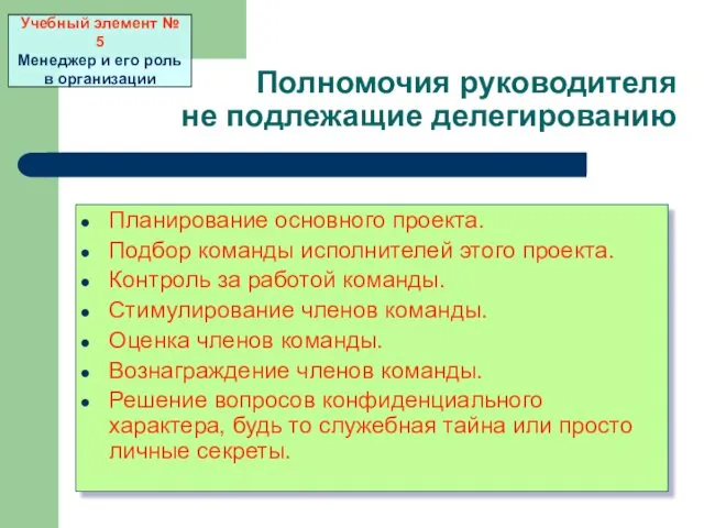 Полномочия руководителя не подлежащие делегированию Планирование основного проекта. Подбор команды