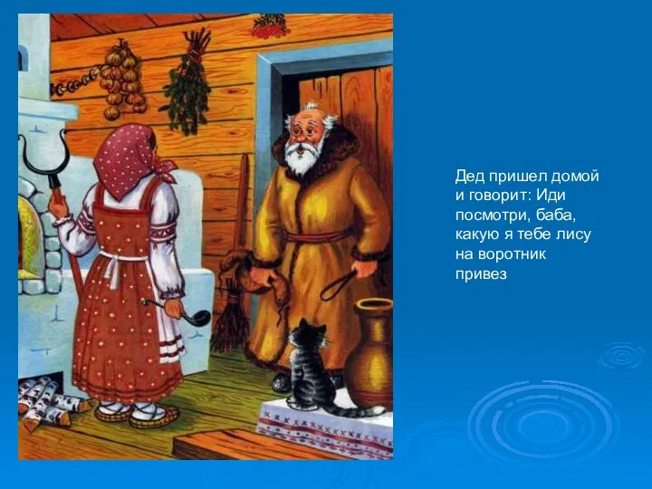 Дед пришел домой и говорит: Иди посмотри, баба, какую я тебе лису на воротник привез
