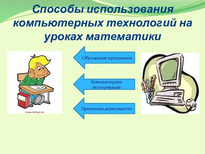 Способы использования компьютерных технологий на уроках математики Обучающие программы Проектная деятельность Компьютерное тестирование