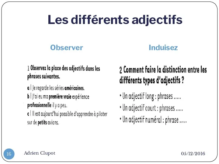 Les différents adjectifs Observer Induisez 05/12/2016 Adrien Clupot