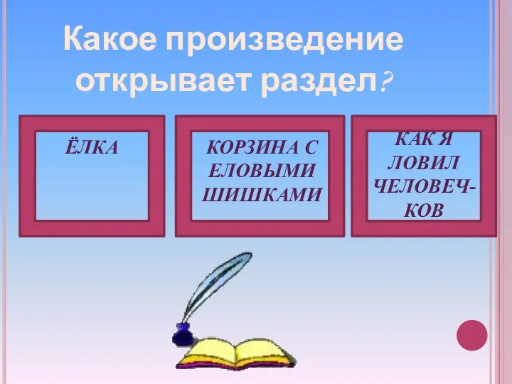 Какое произведение открывает раздел? Корзина с еловыми шишками Ёлка Как я ловил человеч-ков