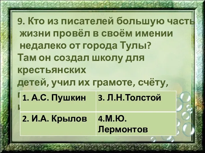 9. Кто из писателей большую часть жизни провёл в своём