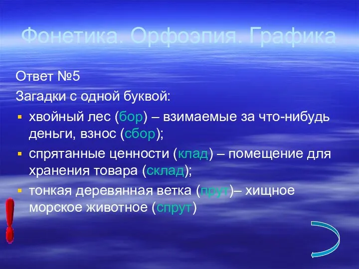 Фонетика. Орфоэпия. Графика Ответ №5 Загадки с одной буквой: хвойный