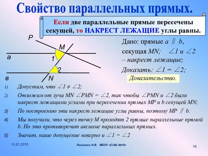 Дано: прямые a ∥ b, секущая MN; 1 и 2