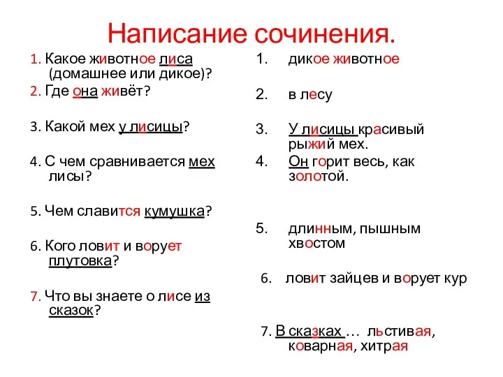 Написание сочинения. 1. Какое животное лиса (домашнее или дикое)? 2.