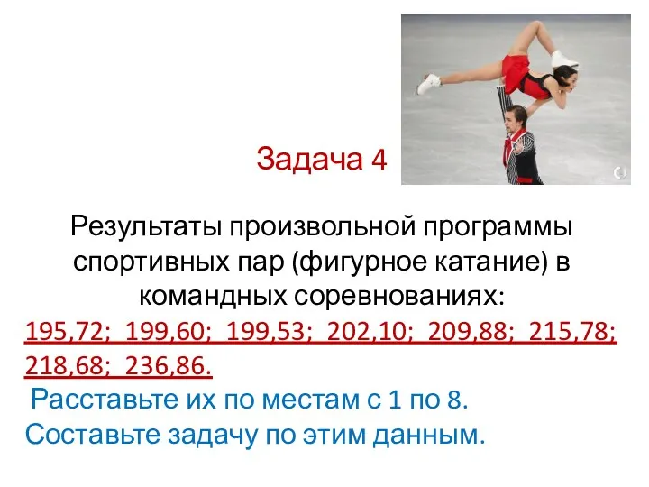 Задача 4 Результаты произвольной программы спортивных пар (фигурное катание) в командных соревнованиях: 195,72;