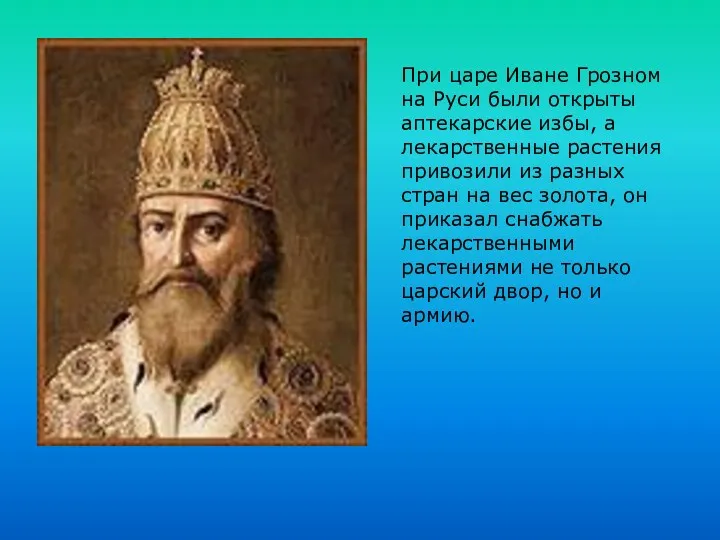 При царе Иване Грозном на Руси были открыты аптекарские избы,
