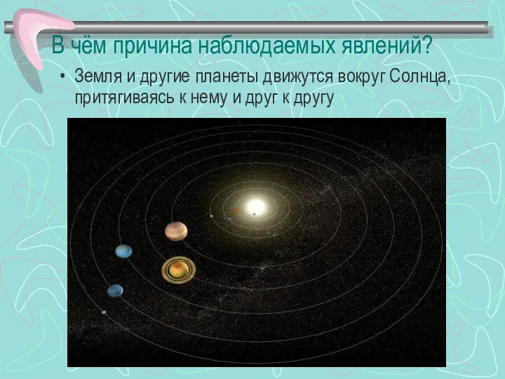 В чём причина наблюдаемых явлений? Земля и другие планеты движутся вокруг Солнца, притягиваясь