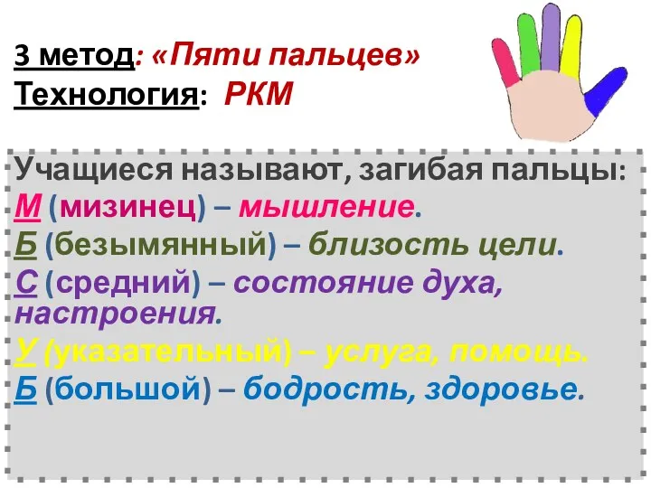 3 метод: «Пяти пальцев» Технология: РКМ Учащиеся называют, загибая пальцы: