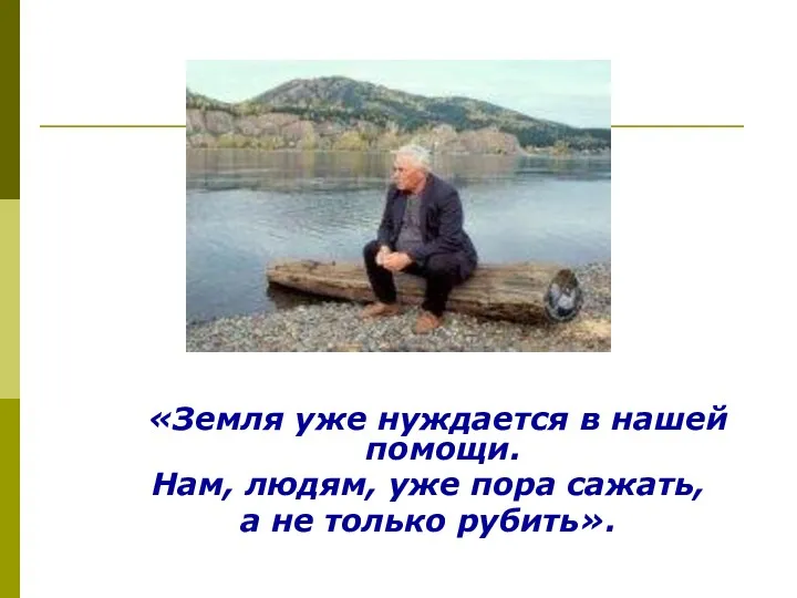 «Земля уже нуждается в нашей помощи. Нам, людям, уже пора сажать, а не только рубить».