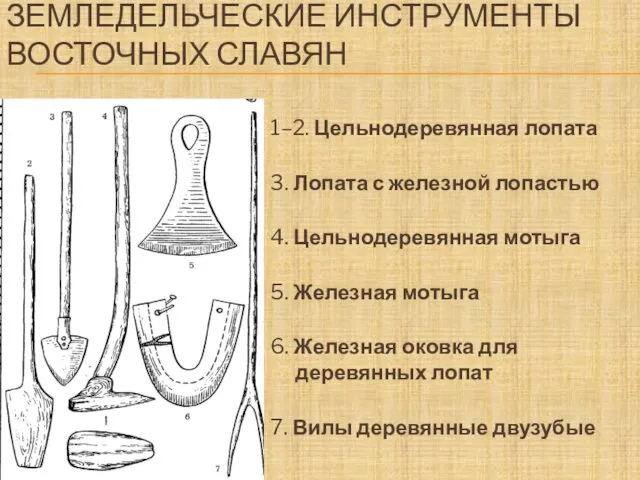 ЗЕМЛЕДЕЛЬЧЕСКИЕ ИНСТРУМЕНТЫ ВОСТОЧНЫХ СЛАВЯН 1–2. Цельнодеревянная лопата 3. Лопата с железной лопастью 4.