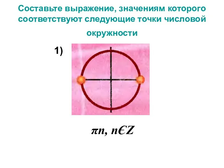 Составьте выражение, значениям которого соответствуют следующие точки числовой окружности πn, nЄZ 1)