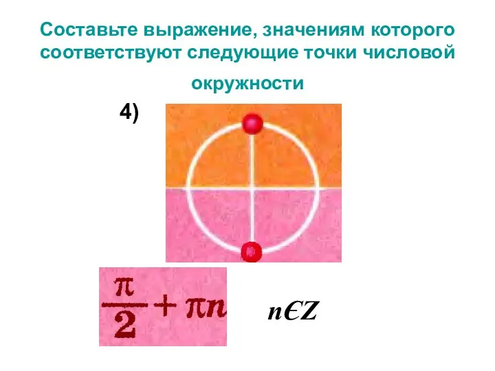 Составьте выражение, значениям которого соответствуют следующие точки числовой окружности nЄZ 4)