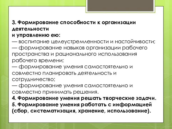 3. Формирование способности к организации деятельности и управлению ею: —