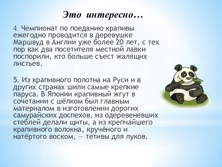 Это интересно… 4. Чемпионат по поеданию крапивы ежегодно проводится в