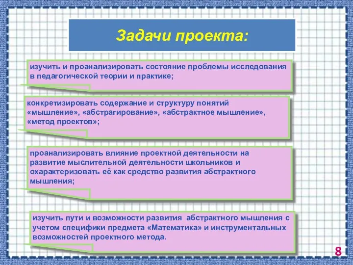 Задачи проекта: изучить и проанализировать состояние проблемы исследования в педагогической