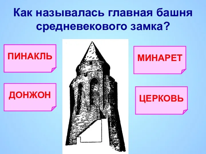 Как называлась главная башня средневекового замка? ПИНАКЛЬ ДОНЖОН МИНАРЕТ ЦЕРКОВЬ