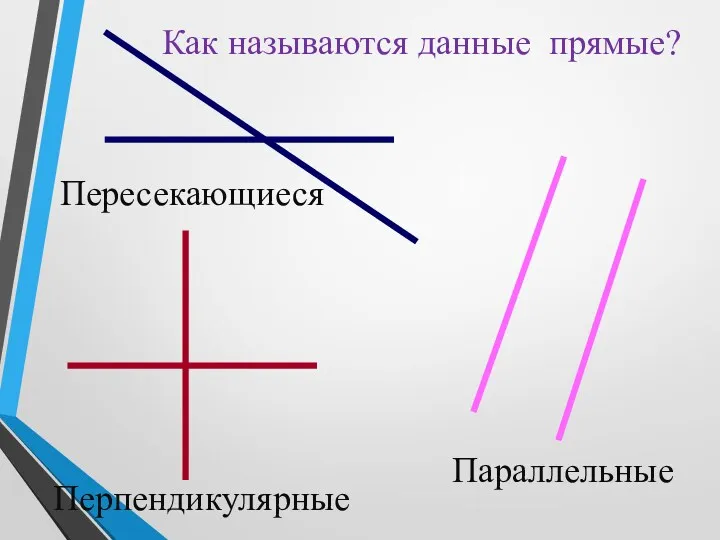 Как называются данные прямые? Пересекающиеся Параллельные Перпендикулярные