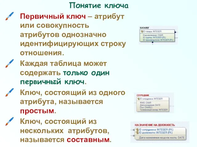 Понятие ключа Первичный ключ – атрибут или совокупность атрибутов однозначно идентифицирующих строку отношения.