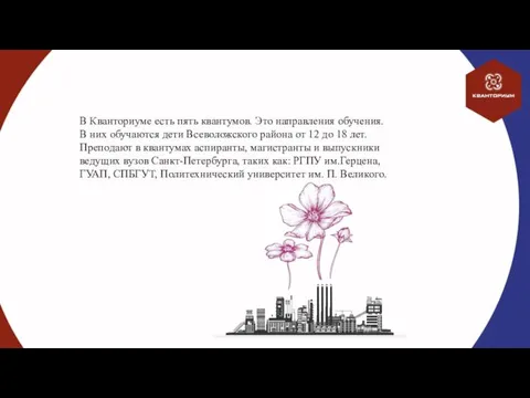 В Кванториуме есть пять квантумов. Это направления обучения. В них обучаются дети Всеволожского