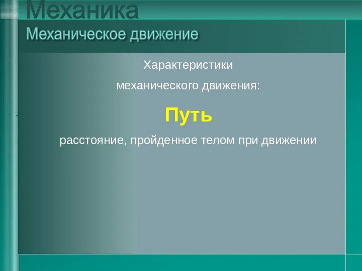 Характеристики механического движения: Путь расстояние, пройденное телом при движении Механика