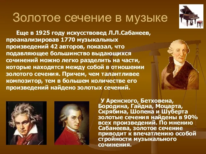 Золотое сечение в музыке У Аренского, Бетховена, Бородина, Гайдна, Моцарта,