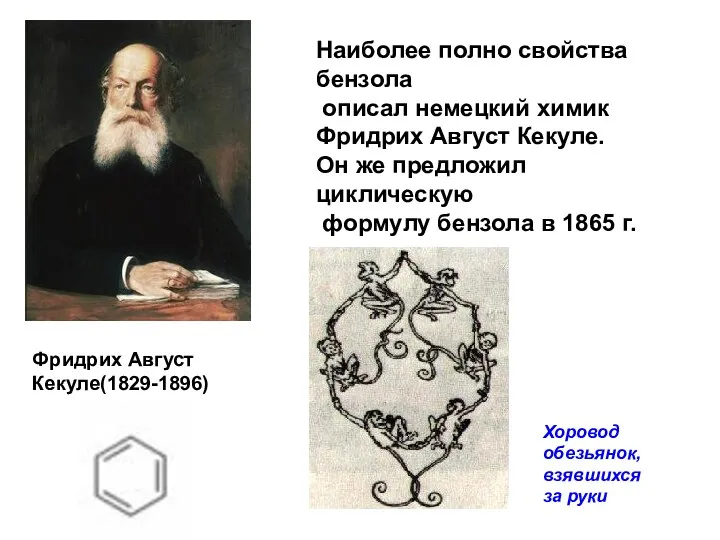 Наиболее полно свойства бензола описал немецкий химик Фридрих Август Кекуле.