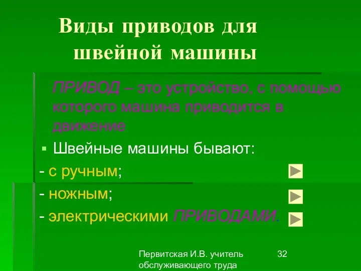 Первитская И.В. учитель обслуживающего труда Макушинской СОШ Виды приводов для