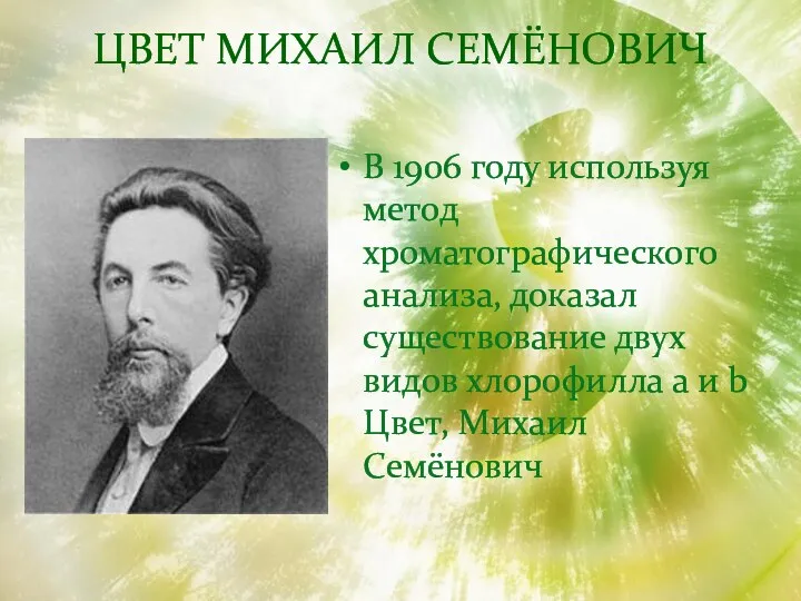 Цвет Михаил Семёнович В 1906 году используя метод хроматографического анализа,