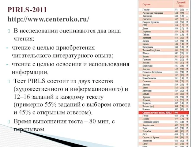 PIRLS-2011 http://www.centeroko.ru/ В исследовании оцениваются два вида чтения: чтение с целью приобретения читательского