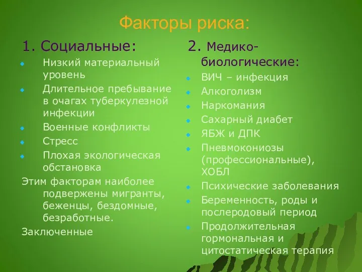 Факторы риска: 1. Социальные: Низкий материальный уровень Длительное пребывание в очагах туберкулезной инфекции