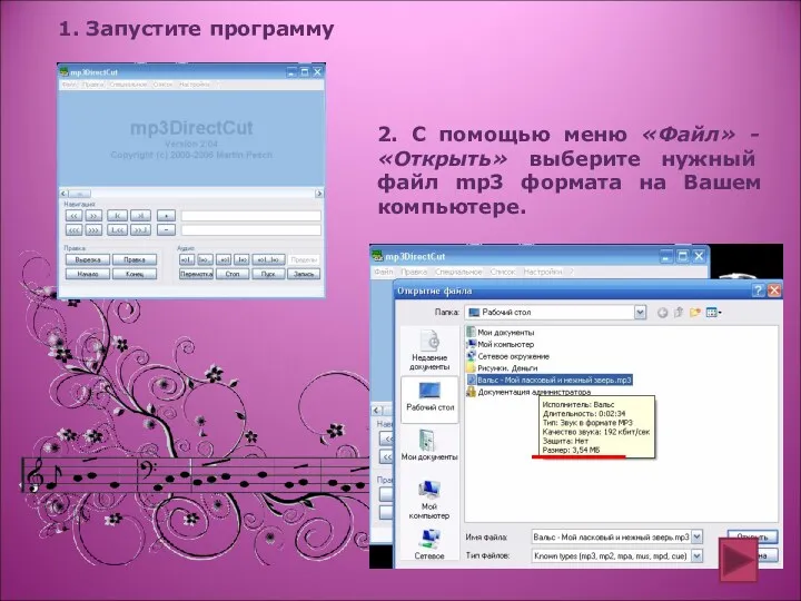 1. Запустите программу 2. С помощью меню «Файл» - «Открыть» выберите нужный файл