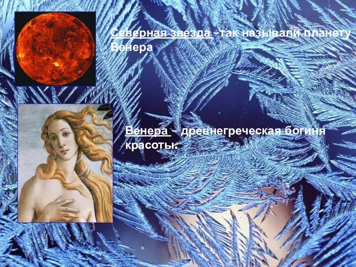 Северная звезда –так называли планету Венера. Венера – древнегреческая богиня красоты.