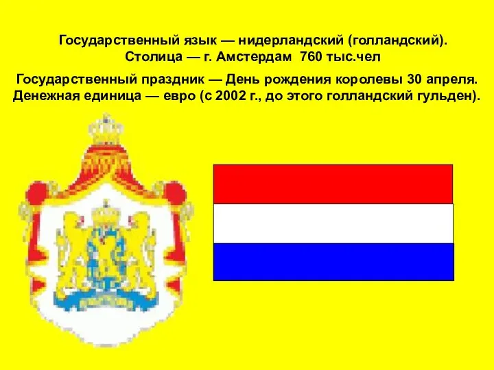 Государственный язык — нидерландский (голландский). Столица — г. Амстердам 760