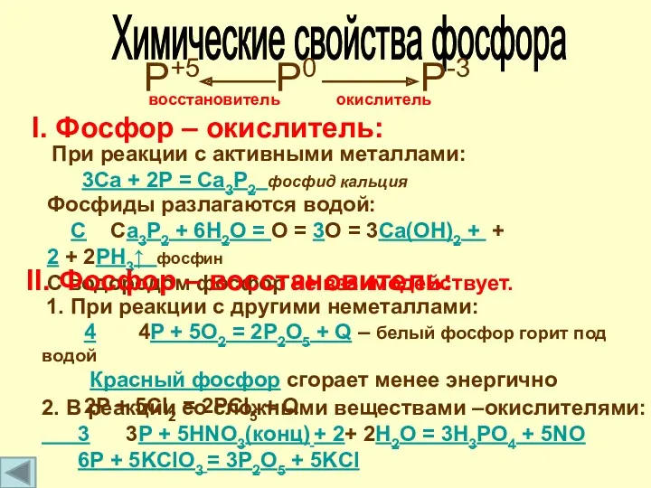 Химические свойства фосфора Р0 Р-3 Р+5 окислитель восстановитель I. Фосфор