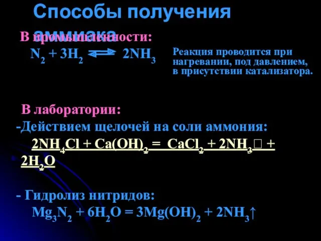 Способы получения аммиака В промышленности: N2 + 3H2 2NH3 Реакция