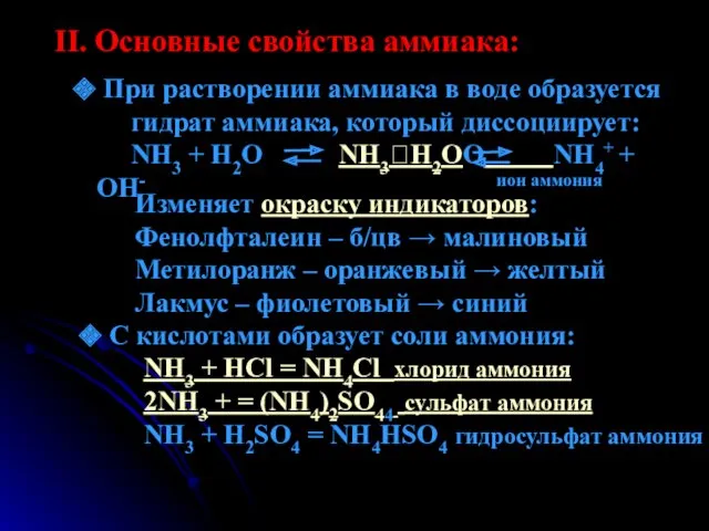 II. Основные свойства аммиака: При растворении аммиака в воде образуется