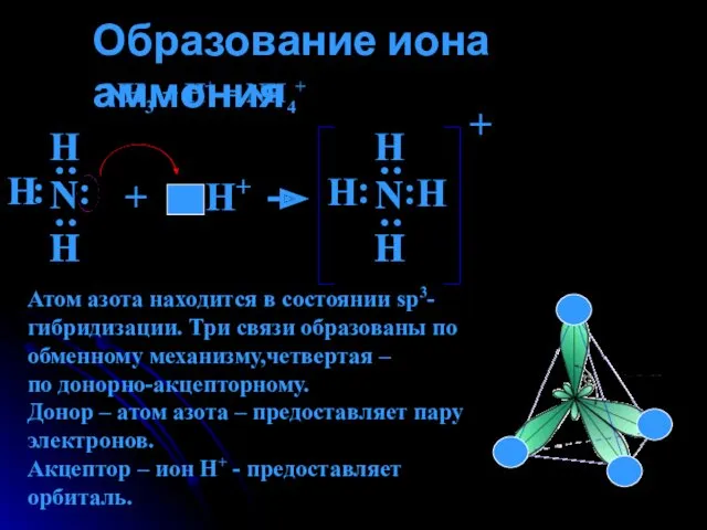 Образование иона аммония NH3 + H+ = NH4+ Н :