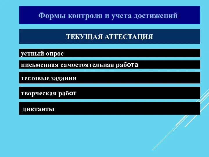 Формы контроля и учета достижений: ТЕКУЩАЯ АТТЕСТАЦИЯ устный опрос письменная самостоятельная работа тестовые