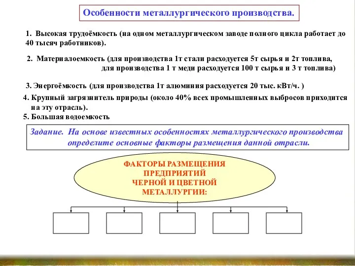 Особенности металлургического производства. 1. Высокая трудоёмкость (на одном металлургическом заводе