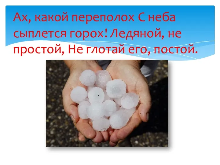 Ах, какой переполох C неба сыплется горох! Ледяной, не простой, Не глотай его, постой.