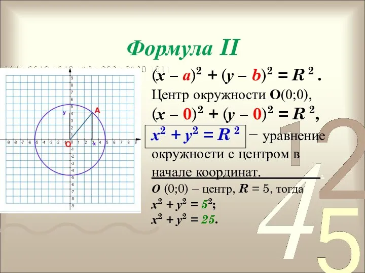 Формула II (х – а)2 + (у – b)2 =