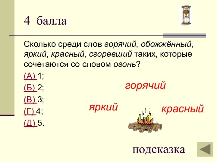 4 балла Сколько среди слов горячий, обожжённый, яркий, красный, сгоревший таких, которые сочетаются