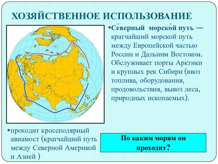 ХОЗЯЙСТВЕННОЕ ИСПОЛЬЗОВАНИЕ Се́верный морско́й путь — кратчайший морской путь между