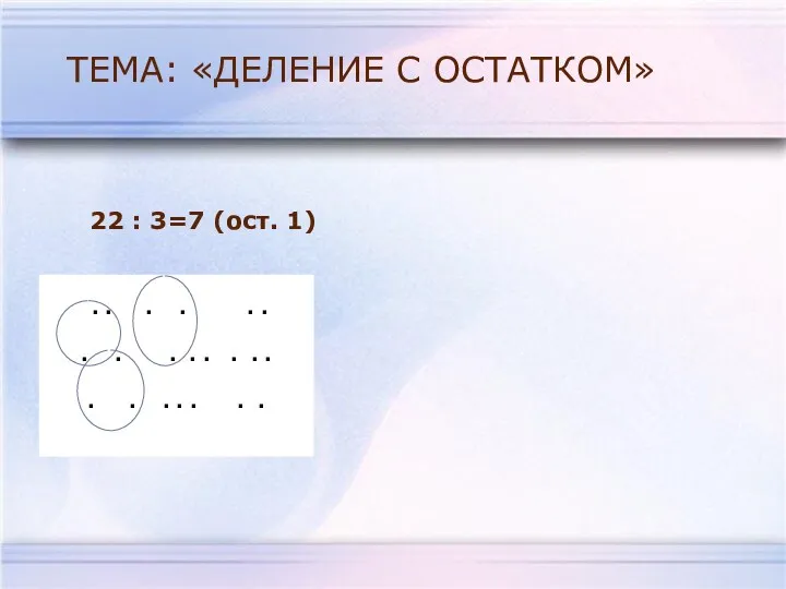 ТЕМА: «ДЕЛЕНИЕ С ОСТАТКОМ» 22 : 3=7 (ост. 1) .